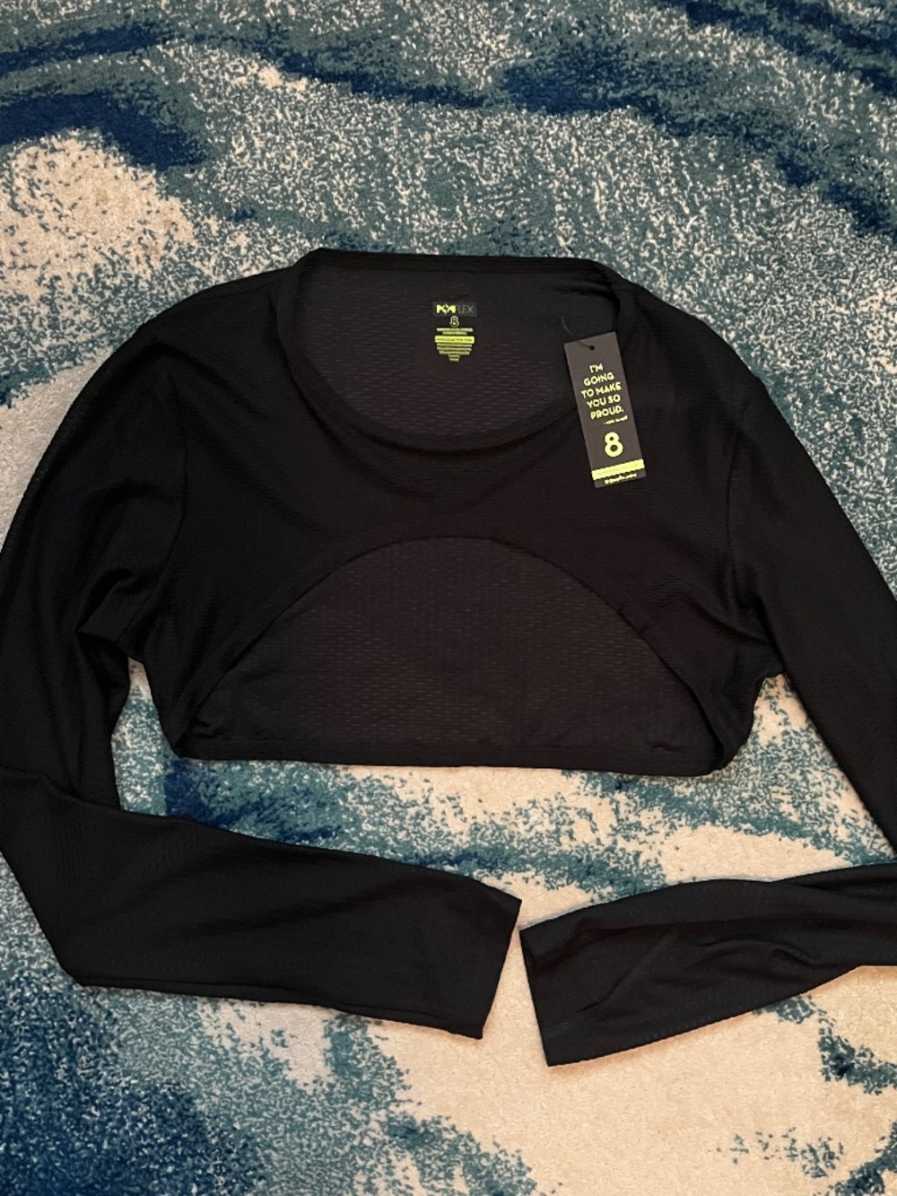 NWT POPFLEX Black Cropped Long Sleeve mesh Activewear Top Size 8 Thumbholes crop